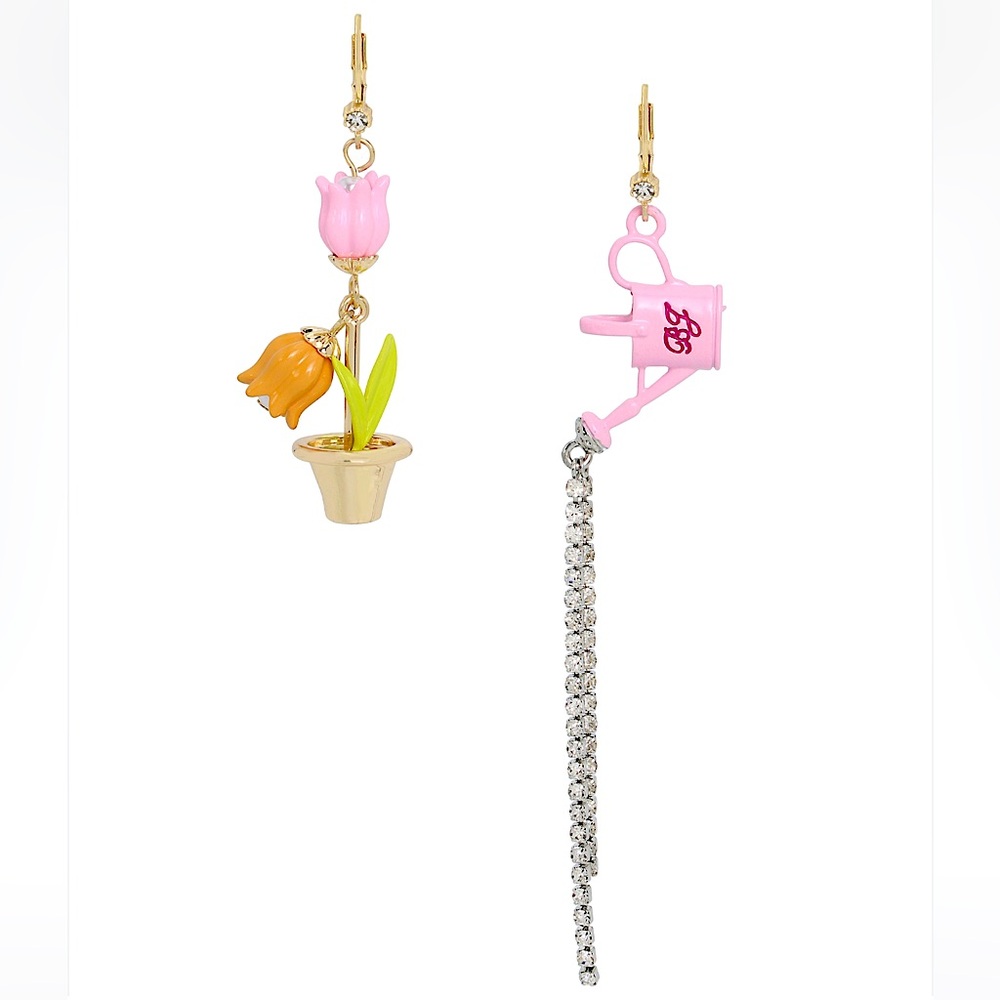 Betsey Johnson Tulip Watering Can Rhinestone Mismatch Drop Earrings